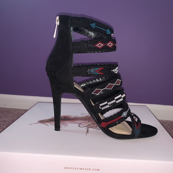 Jessica Simpson Black Aztec Beaded Heels - Picture 2 of 2